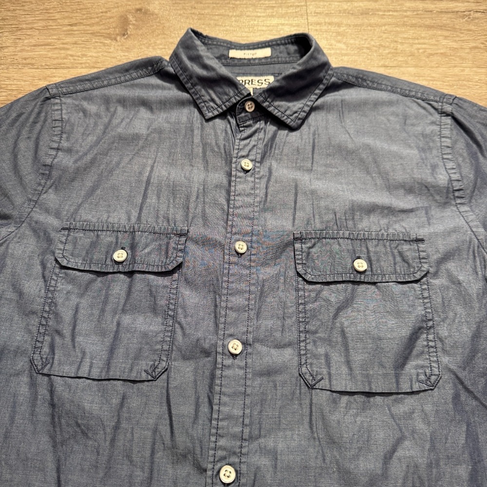 Express Shirt Mens M Blue Chambray 100% Cotton Fitted Utility Minimalist Modern